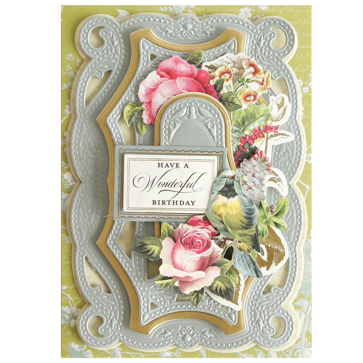 The 3D Braided Concentric Frame Dies create ornate birthday cards with die-cut, layered designs, embossed silver and gold braided frames, floral accents, and a central "Have a Wonderful Birthday" message.
