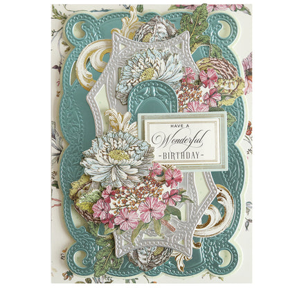 Create elegant, dimensional birthday cards using the 3D Braided Concentric Frame Dies, featuring embossed teal and silver layers, floral accents, and a "Have a Wonderful Birthday" label for a beautiful, handcrafted look.