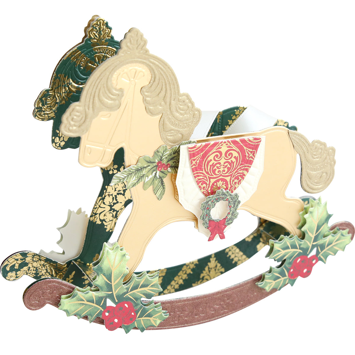 A decorative paper rocking horse ornament with gold, green, and red accents, holly leaves, and a festive wreath—perfect for holiday crafts or celebrating baby milestones using Rocking Horse 3D Dies.