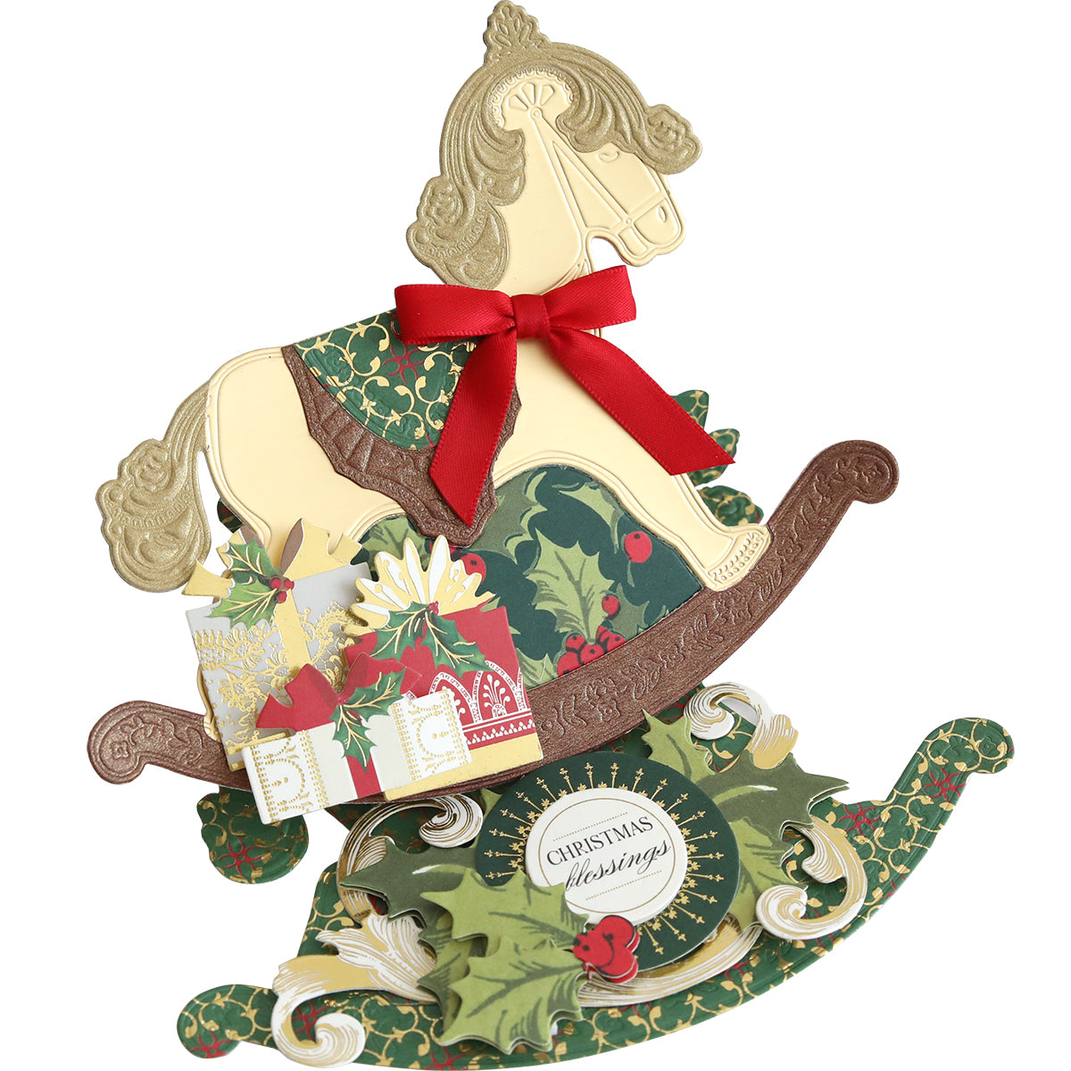 A festive Christmas card shaped like a rocking horse with a red bow, presents, holly, and "Christmas Blessings"—ideal for holiday crafts or celebrating baby milestones using Rocking Horse 3D Dies.