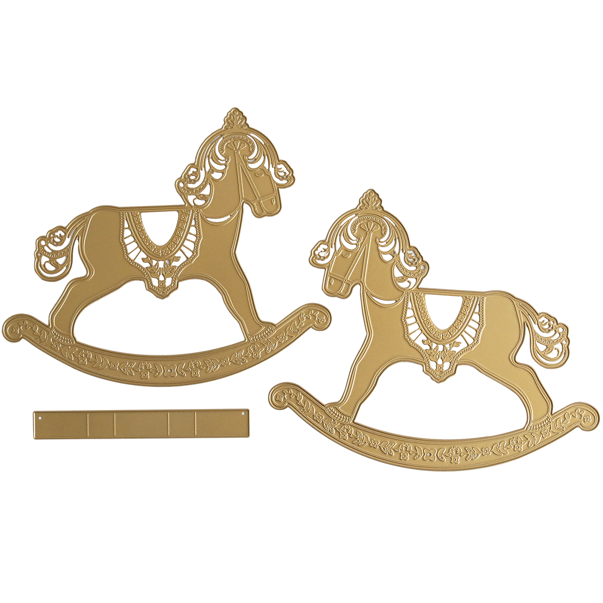 Two ornate gold Rocking Horse 3D Dies cutouts and a matching rectangular strip, perfect for holiday crafts or baby milestones, are showcased on a white background.