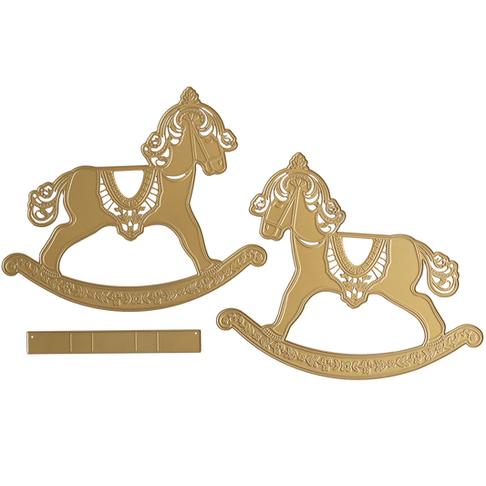 Two ornate gold Rocking Horse 3D Dies cutouts and a matching rectangular strip, perfect for holiday crafts or baby milestones, are showcased on a white background.