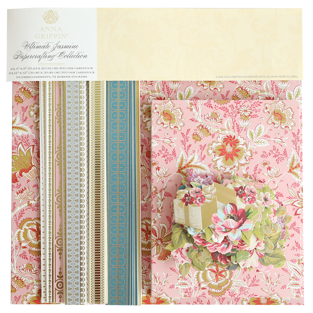 The Jasmine Papercrafting Collection features floral-themed crafting paper with pink, gold, and blue patterns, die-cut borders, and floral embellishments.
