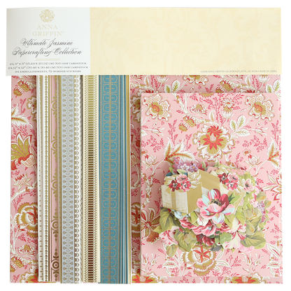 The Jasmine Papercrafting Collection features floral-themed crafting paper with pink, gold, and blue patterns, die-cut borders, and floral embellishments.