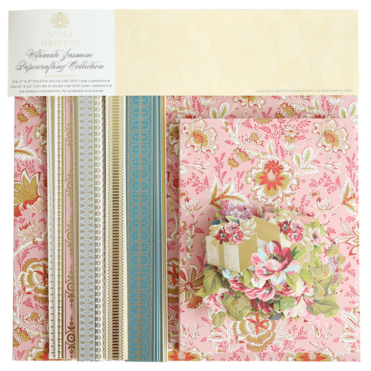 The Jasmine Papercrafting Collection features floral-themed crafting paper with pink, gold, and blue patterns, die-cut borders, and floral embellishments.