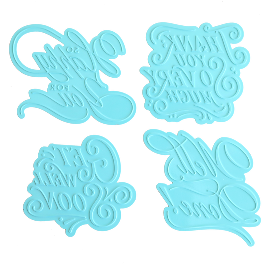 Gilded Gratitude and Celebration Sentiment Hot Foil Plates feature four blue ornate mirror-image script phrases on white, perfect for cardmaking or baking projects using Hot Foil and Embossing Machines.