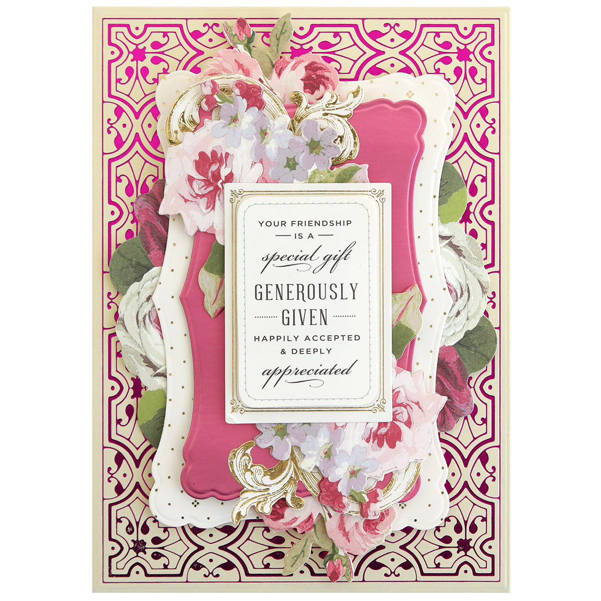Create elegant greeting cards with the Gilded Ironwork Frames Hot Foil Plates, featuring intricate floral designs and a heartfelt message—perfect for adding a special touch using the Empress Gild Hot Foil Machine. Your friendship is truly appreciated.