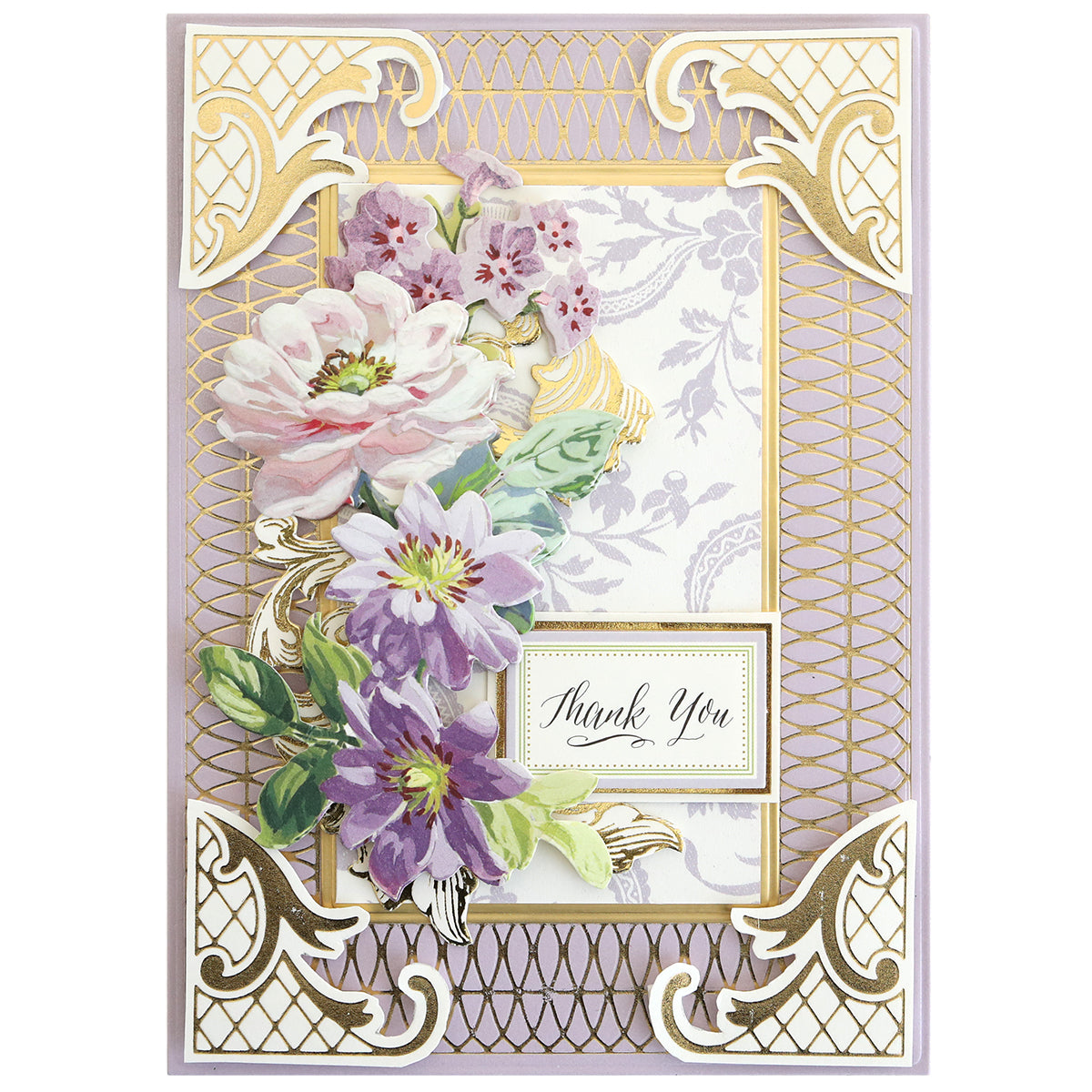 A decorative card made with Gilded Ironwork Frames Hot Foil Plates, showcasing purple and pink flowers, elegant gold embossed patterns, and "Thank You" text in the center.