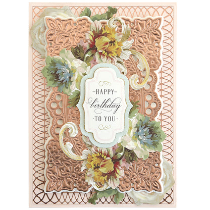 Birthday card featuring ornate gold details made with Gilded Ironwork Frames Hot Foil Plates, floral accents, and "Happy Birthday to You" elegantly scripted in the center.