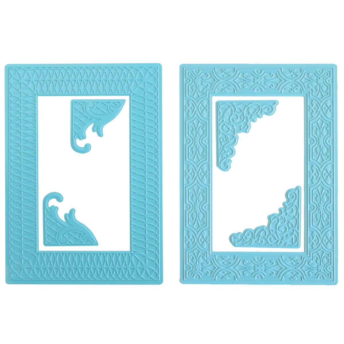 Two blue rectangular plastic stencils with decorative cut-outs and textured borders, designed for use with Gilded Ironwork Frames Hot Foil Plates or the Empress Gild Hot Foil Machine, shown side by side on a white background.