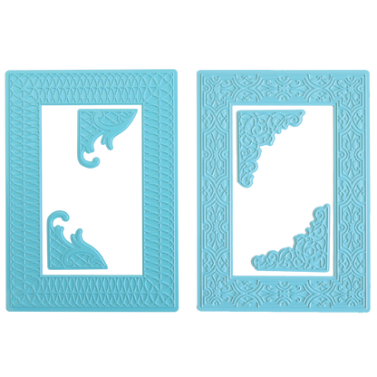 Two blue rectangular plastic stencils with decorative cut-outs and textured borders, designed for use with Gilded Ironwork Frames Hot Foil Plates or the Empress Gild Hot Foil Machine, shown side by side on a white background.