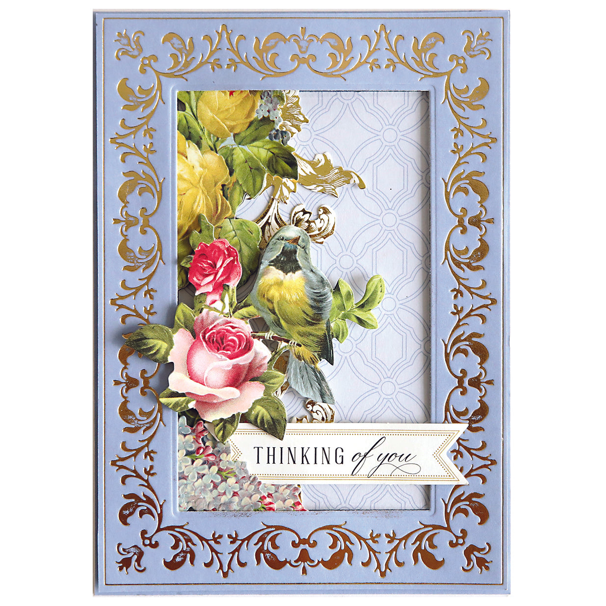 A greeting card with a gold ornate border, floral and bird art, plus a "Thinking of You" banner—ideal for foil crafting with Gilded Fleur Frames Hot Foil Plates or the Empress Gild Hot Foil Machine.