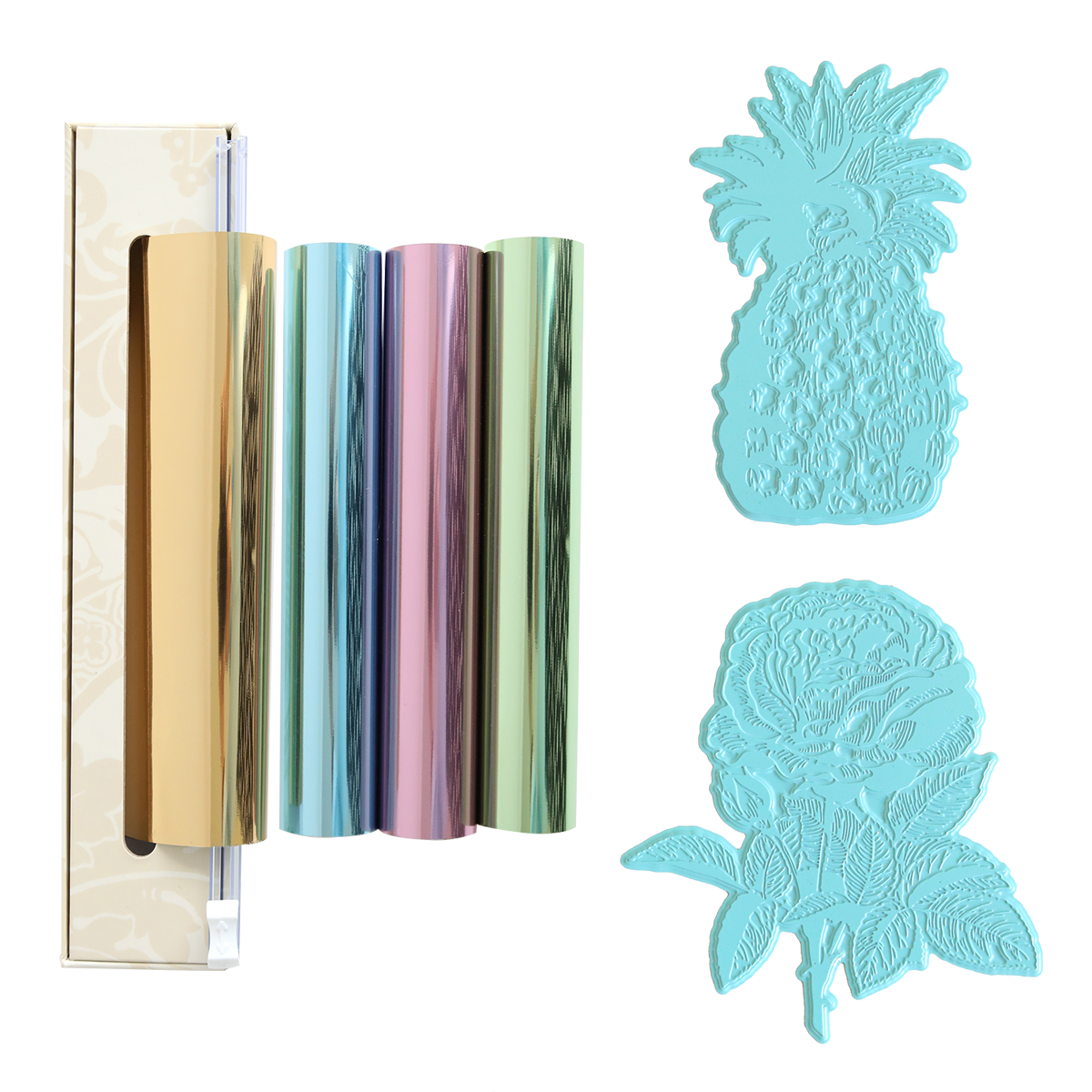 Displayed against a white background, the Rose and Pineapple Gilded Hot Foil Plates are showcased alongside four rolls of Perfect Palette Pastel Hot Foil in gold, silver, pink, and green—ideal for gilded crafts or pastel hot foil projects—with two blue plates shaped like a pineapple and a flower with leaves.
