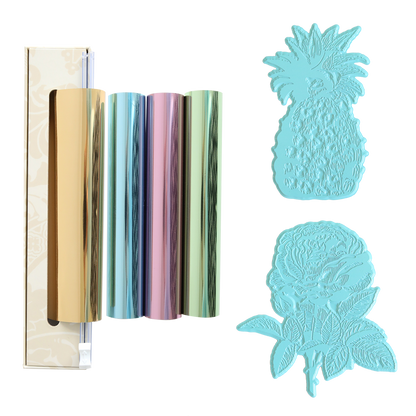 Displayed against a white background, the Rose and Pineapple Gilded Hot Foil Plates are showcased alongside four rolls of Perfect Palette Pastel Hot Foil in gold, silver, pink, and green—ideal for gilded crafts or pastel hot foil projects—with two blue plates shaped like a pineapple and a flower with leaves.