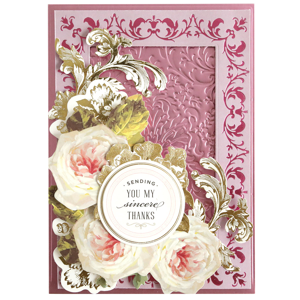 Show your gratitude in style with the Rose and Pineapple Gilded Hot Foil Plates, paired with Perfect Palette Pastel Hot Foil. This decorative card features embossed pink patterns, white and pink roses, gold accents, and a round label reading “Sending you my sincere thanks.” Subtle pastel hot foil details lend an elegant touch—perfect for fans of gilded crafts.