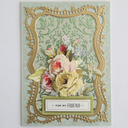 The Perfect Palette Pastel Gild Hot Foil card features gold ornate borders, a central floral bouquet, metallic foil accents, and a "For My Friend" label at the bottom.