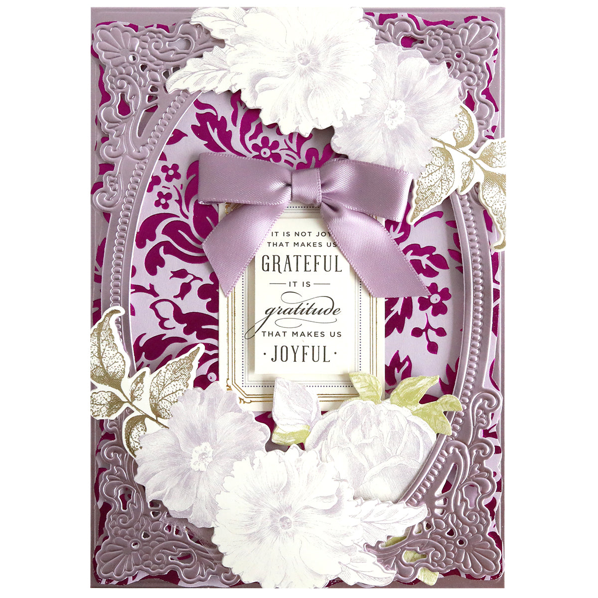 Greeting card with ornate purple and silver floral frame, a lavender bow, and a heartfelt message—designed using Perfect Palette Bright Gild Hot Foil for added elegance.