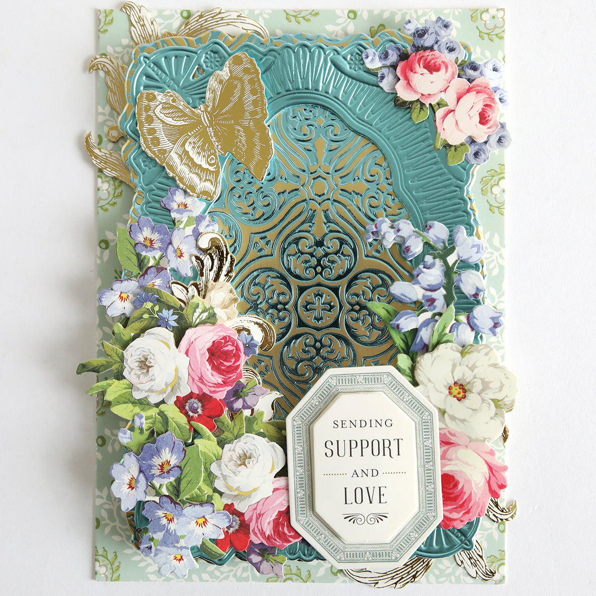 Perfect Palette Bright Gild Hot Foil greeting card features a gold butterfly, blue and white patterns, and a "Sending Support and Love" label—ideal for paper crafters who love elegant metallic foil accents.
