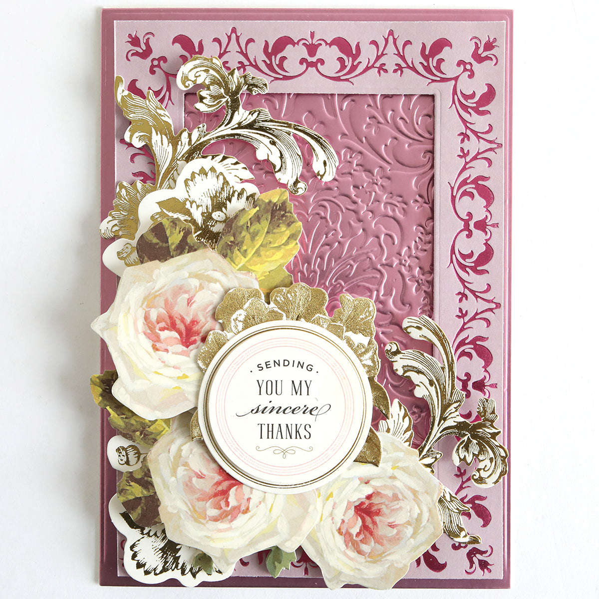 The Perfect Palette Bright Gild Hot Foil is a decorative pink card with embossed floral designs, metallic white and gold roses, and a "Sending you my sincere thanks" label—ideal for paper crafts or your Hot Foil collection.