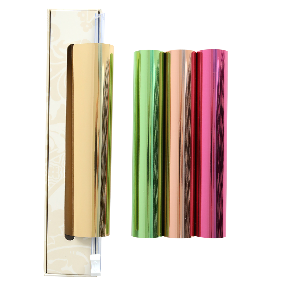 Four metallic foil rolls in shiny gold, green, orange, and pink stand upright next to a box with a sliding cutter on a white background. The Perfect Palette Antique Gild Hot Foil set is perfect for adding eye-catching accents to your crafts, just like those created with the Anna Griffin Gild Hot Foil system.