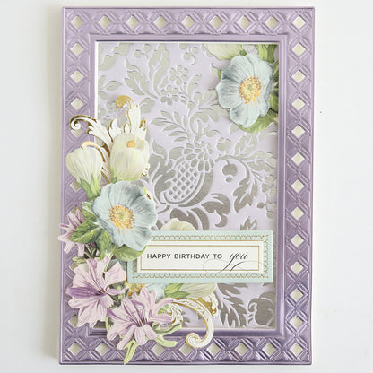 Empress Gild Hot Foil Machine with Holiday Hot Foil creates beautifully embossed greeting cards featuring lattice borders, floral accents, and “Happy Birthday to you” messages on a white background.