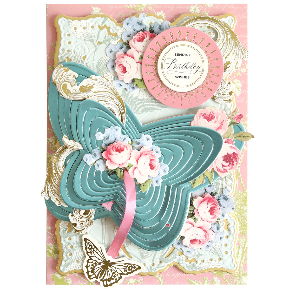 Create stunning handmade birthday cards with the Kirigami Butterfly Flower Dies—layer butterflies and flowers, add gold accents, and finish with a "Sending Birthday Wishes" sentiment on a pink and gold background for an elegant touch.