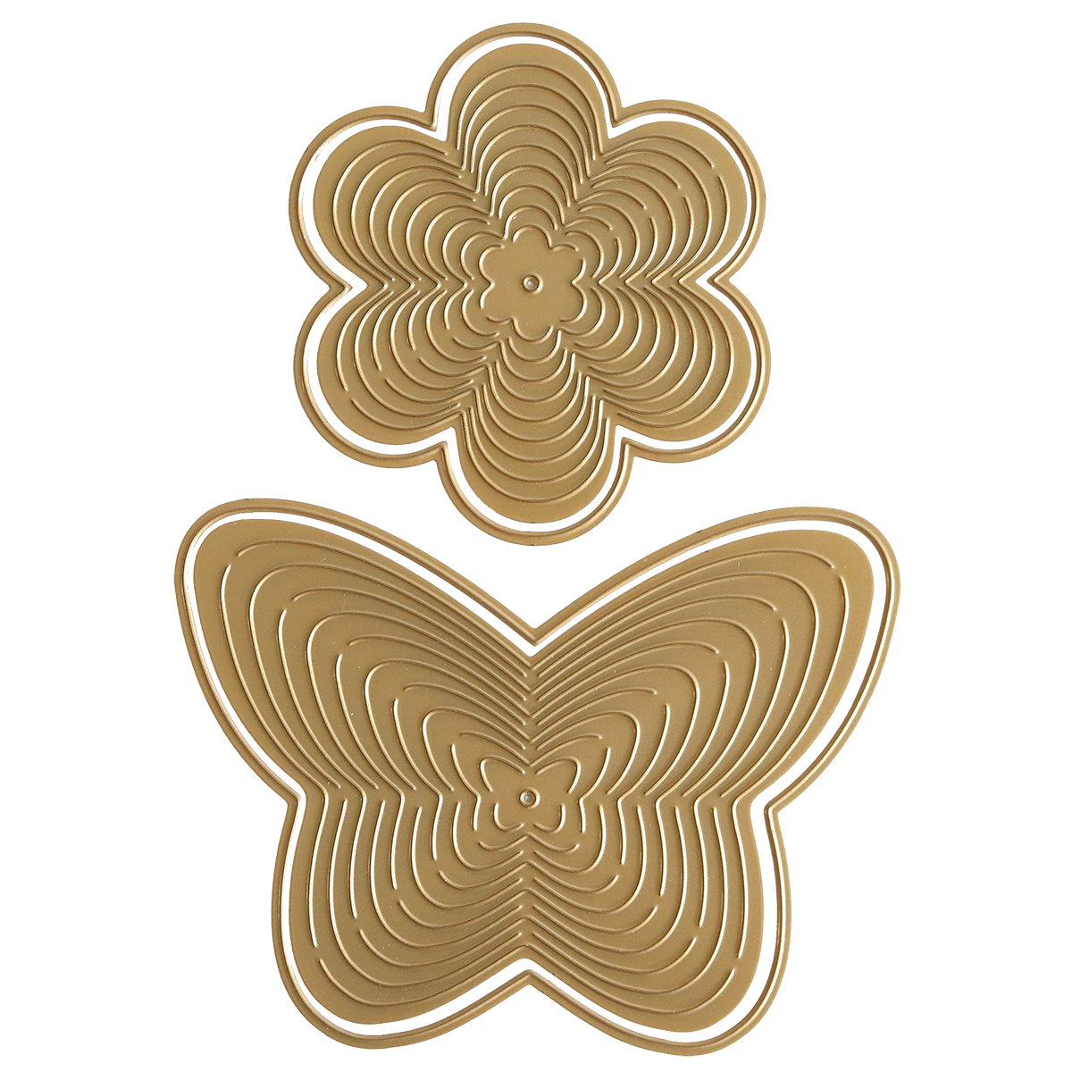 Two metal Butterfly Garden Kirigami and Embellishments dies featuring concentric outlines of a butterfly and a flower.