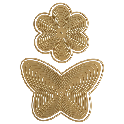 Two metal Butterfly Garden Kirigami and Embellishments dies featuring concentric outlines of a butterfly and a flower.