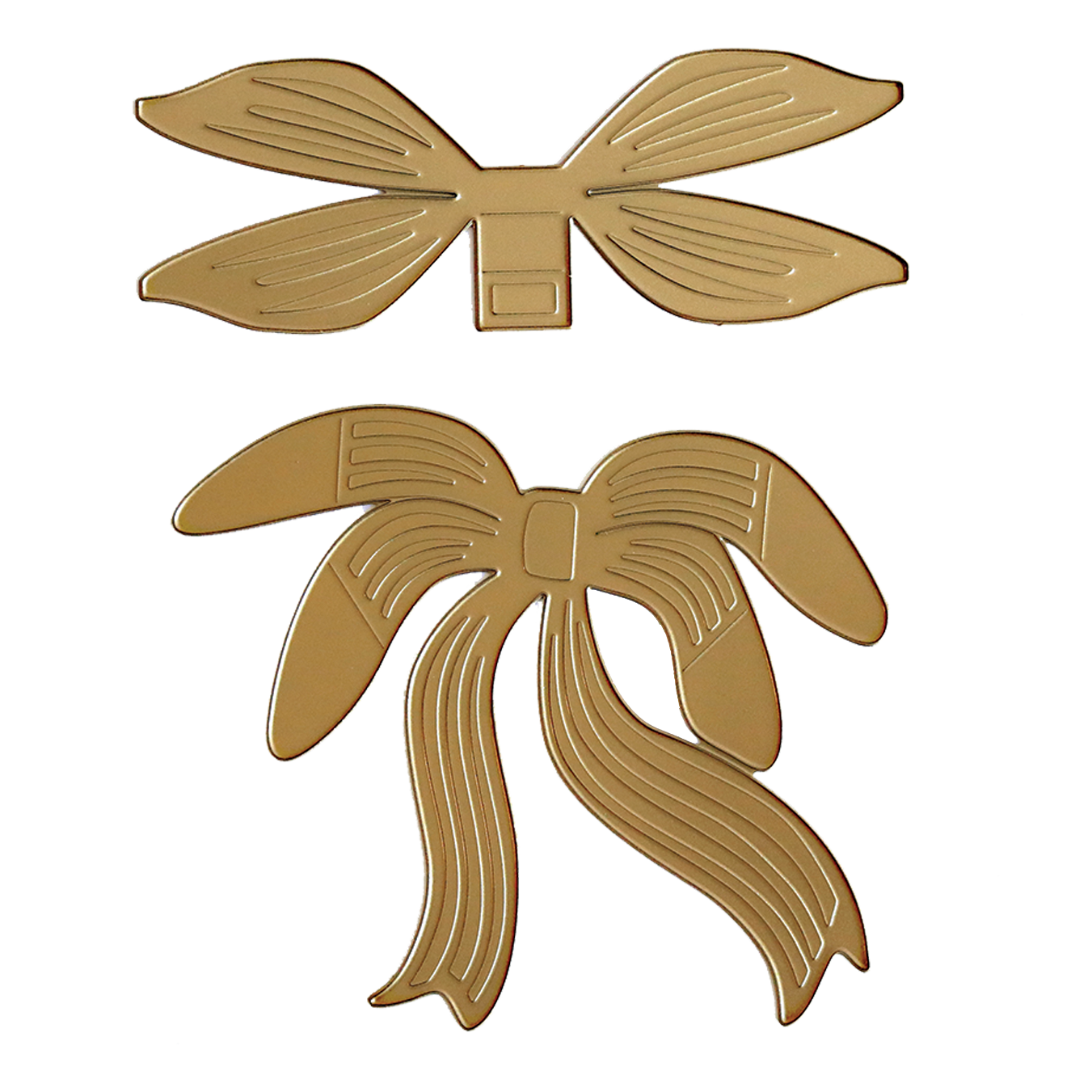 Two gold bows, made with the Flowing Bow Die, feature engraved lines—one has straight ribbon ends and the other flowing curves—making them perfect accents for card making or paper projects on a white background.