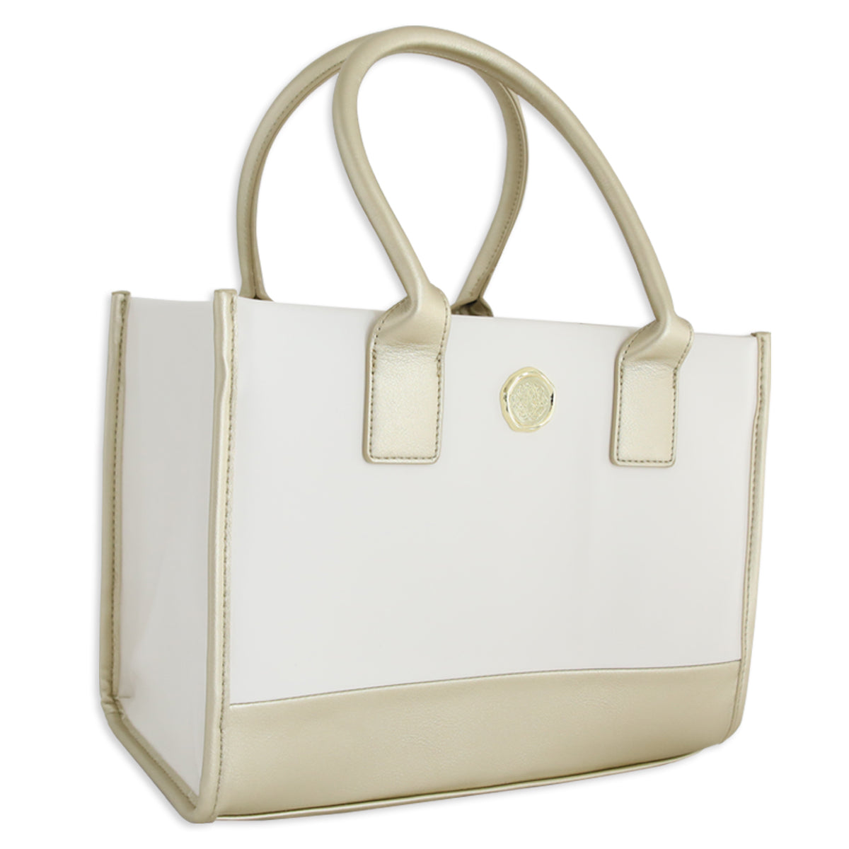 The Empress Elite Mini Dust Cover and Tote is a beige and white rectangular bag with two handles and a gold circular emblem—ideal for carrying or stylishly covering your Empress Elite Mini Machine on-the-go.