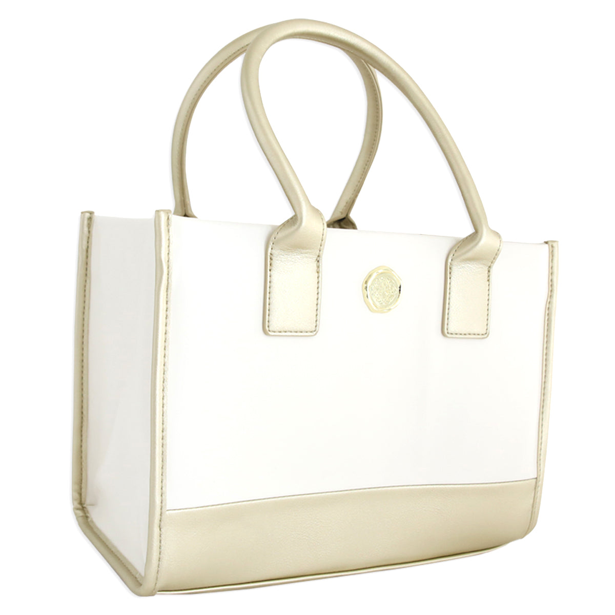 The Empress Elite Mini Dust Cover and Tote is a white and beige bag with two handles and a gold circular emblem, ideal for protecting and carrying your Empress Elite Mini Machine.