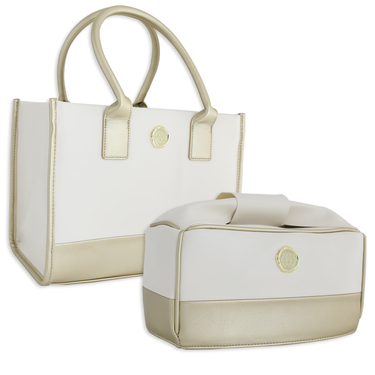 The Empress Elite Mini Dust Cover and Tote set includes two white and beige bags with gold-tone emblems: a chic handled tote and a stylish rectangular zippered cover for your Empress Elite Mini Machine.