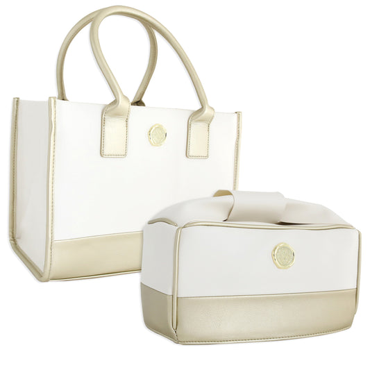 The Empress Elite Mini Dust Cover and Tote features two elegant white and beige totes with gold-tone accents, round gold emblems, short handles, a structured shape, and includes a protective dust cover.