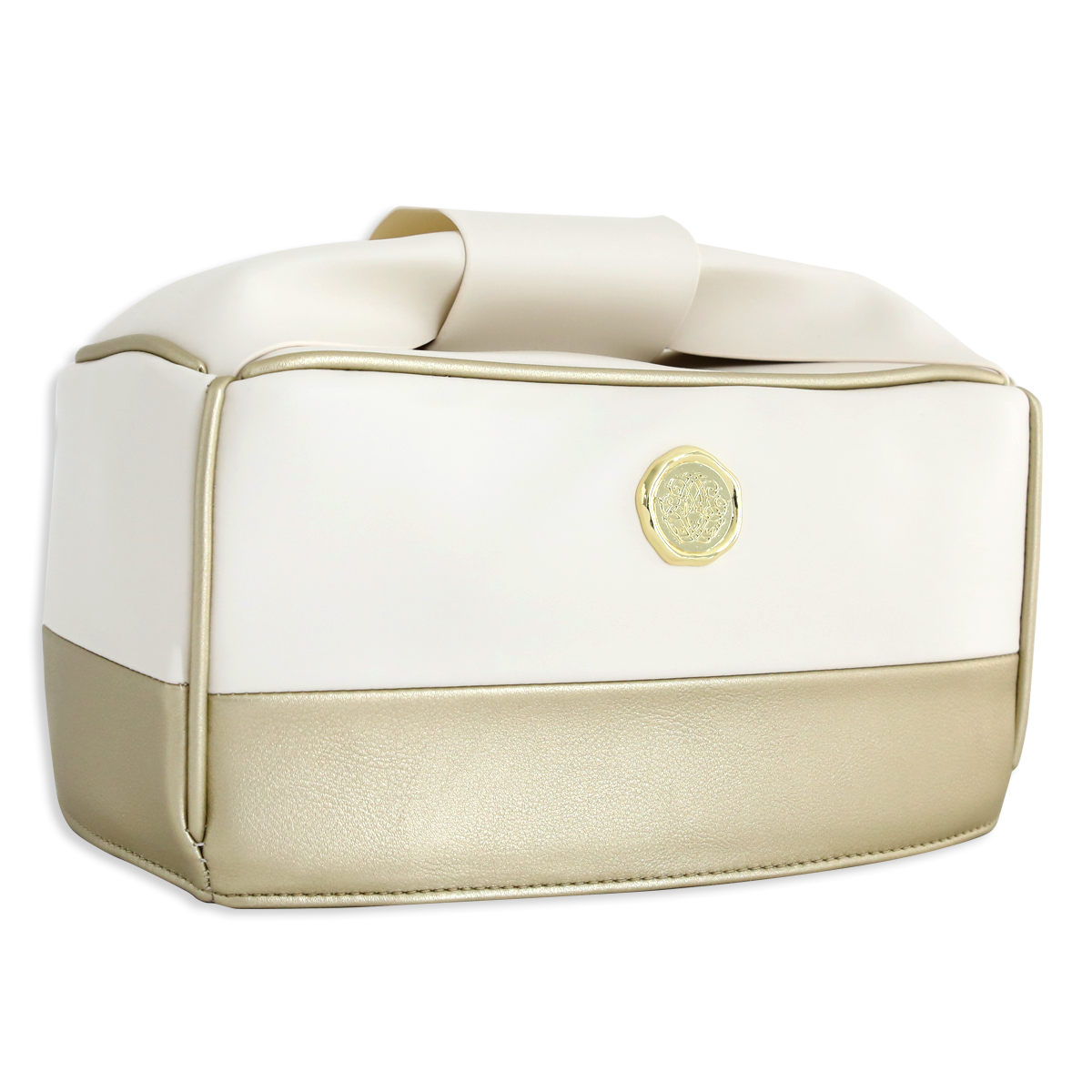 A rectangular two-tone handbag with a white top, gold bottom, and a gold circular emblem—perfect as an Empress Mini Elite Dust Cover or a stylish die cutting machine cover.