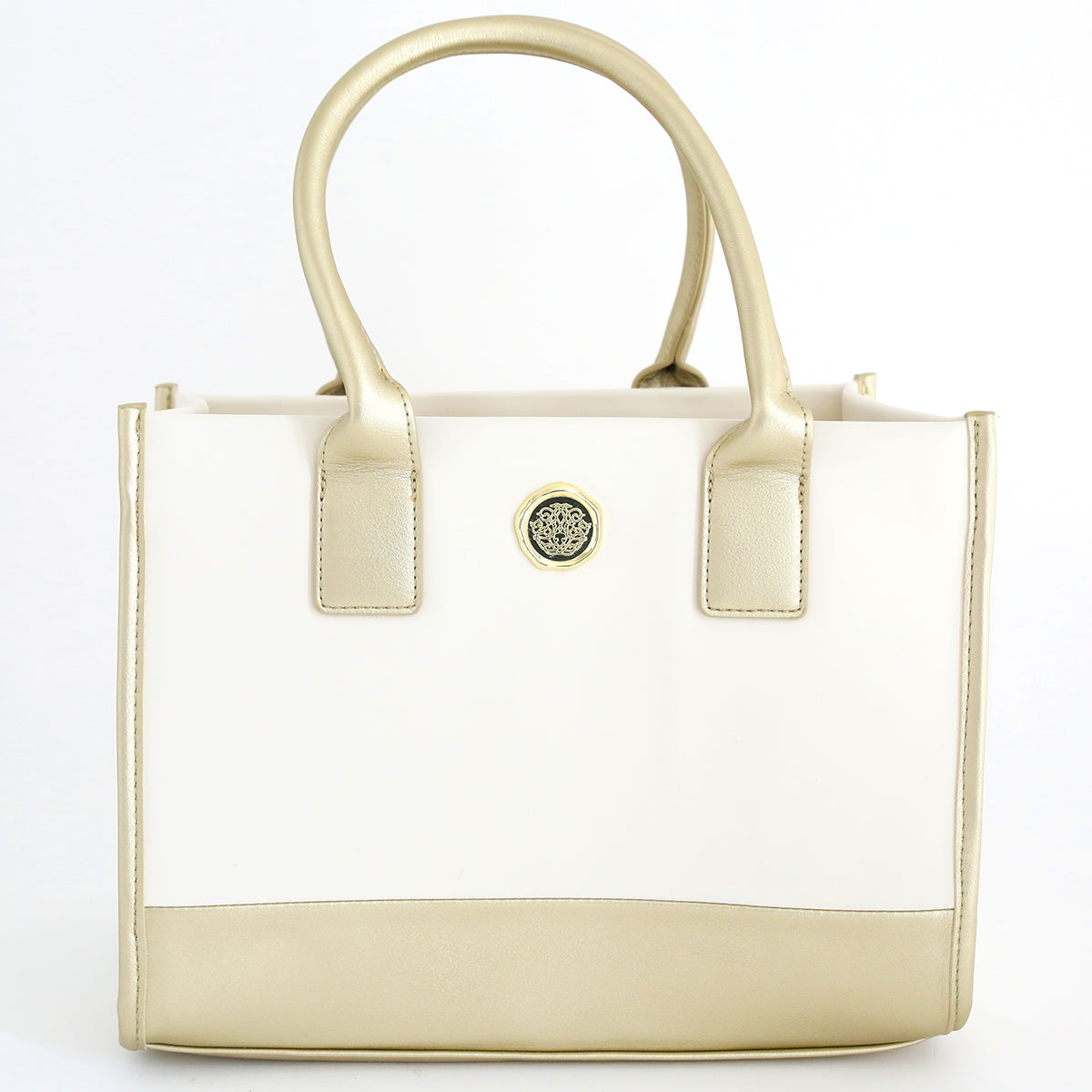 The Empress Mini Elite Tote Bag by Anna Griffin is a white and gold bag with double handles and a round emblem on the front, ideal for carrying your die cutting machine, shown against a plain white background.