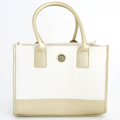 The Empress Mini Elite Tote Bag by Anna Griffin is a white and gold bag with double handles and a round emblem on the front, ideal for carrying your die cutting machine, shown against a plain white background.