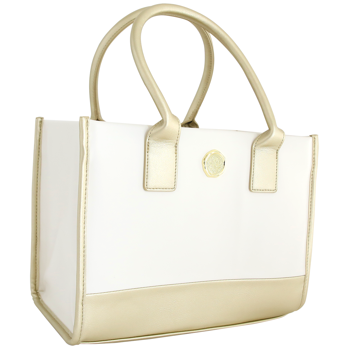 The Empress Mini Elite Tote Bag is a white tote with beige handles, trim, and a gold circular emblem—ideal for carrying your Anna Griffin die cutting machine.