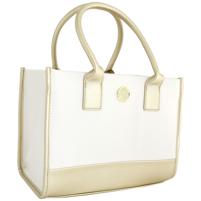 The Empress Mini Elite Tote Bag is a white tote with beige handles, trim, and a gold circular emblem—ideal for carrying your Anna Griffin die cutting machine.