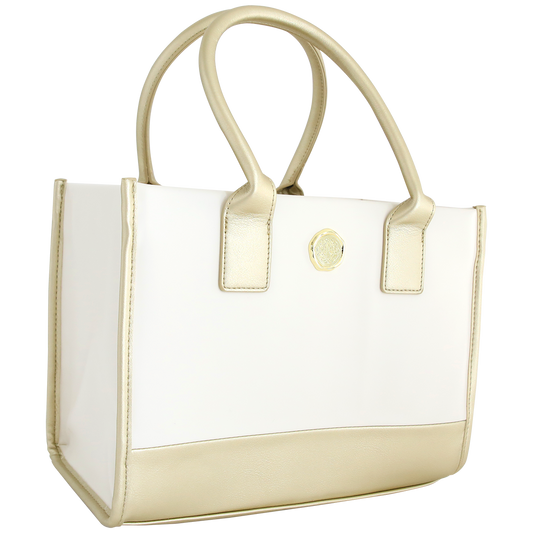 The Empress Mini Elite Tote Bag is a white tote with beige handles, trim, and a gold circular emblem—ideal for carrying your Anna Griffin die cutting machine.