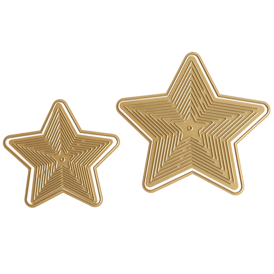 Two nested gold star-shaped trays, one larger than the other, are placed side by side on a white background, resembling dimensional stars crafted with the Kirigami Star Dies.