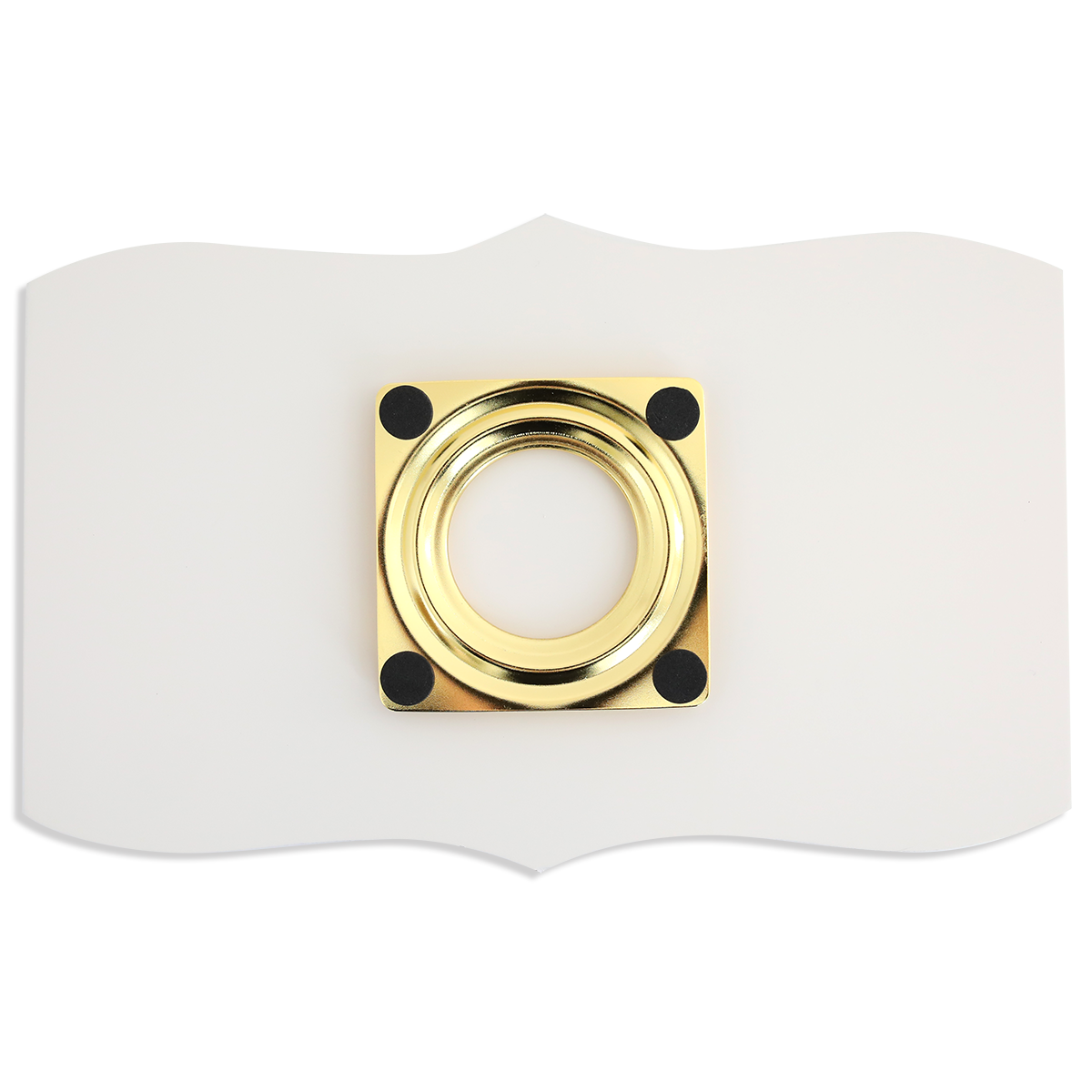 The Empress Mini Lazy Susan features a gold square metal bracket with a circular opening and four black corner pads, centered on a white, wavy-edged base—ideal for turntables or organized storage for your Empress Elite Mini Machine.