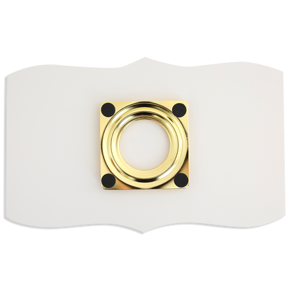 The Empress Mini Lazy Susan features a gold square metal bracket with a circular opening and four black corner pads, centered on a white, wavy-edged base—ideal for turntables or organized storage for your Empress Elite Mini Machine.