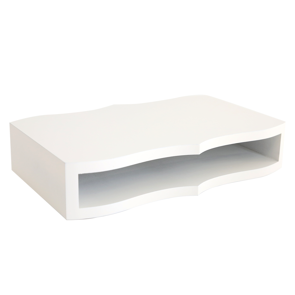 The Empress Mini Lazy Susan, a white rectangular floating wall shelf with a wavy open front and smooth finish, offers elegant crafting storage—perfect for organizing your supplies—shown against a plain white background.