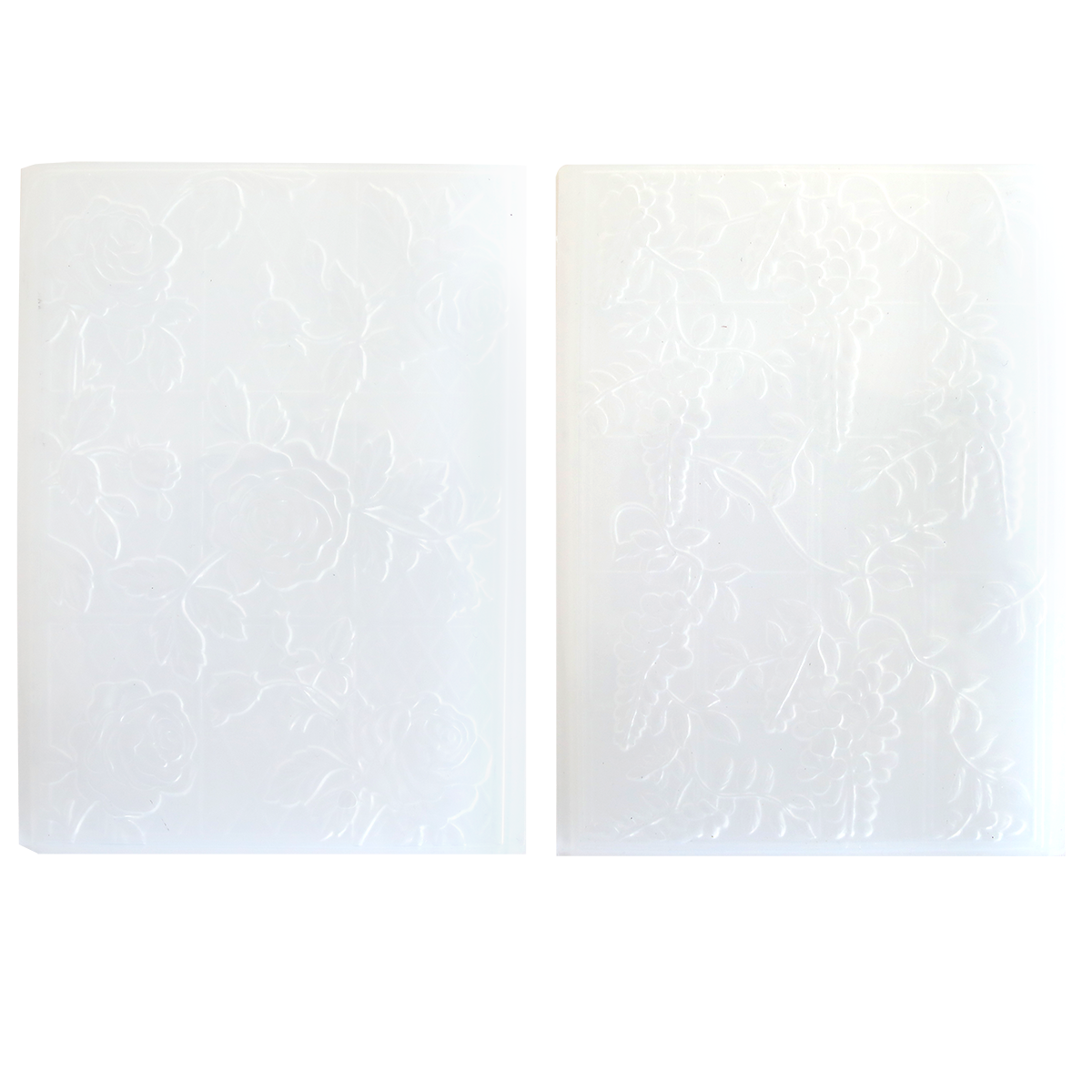Two translucent white Trellis and Pergola 3D Embossing Folders, each with a unique floral design, are shown side by side on a plain background.