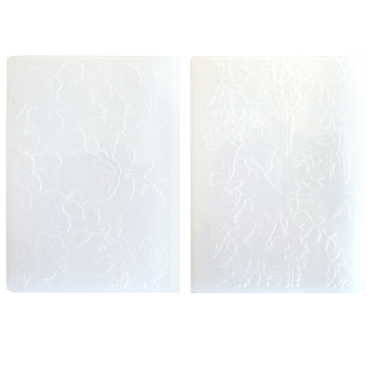Two translucent white Trellis and Pergola 3D Embossing Folders, each with a unique floral design, are shown side by side on a plain background.