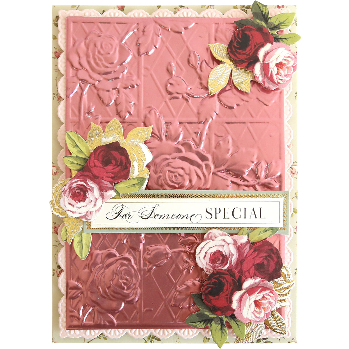 Handmade greeting card featuring a pink floral design embossed with Trellis and Pergola 3D Embossing Folders using the Anna Griffin Empress, adorned with paper flowers and a "For Someone Special" label—ideal for trellis and pergola-inspired occasions.