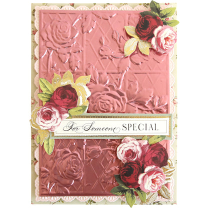 Handmade greeting card featuring a pink floral design embossed with Trellis and Pergola 3D Embossing Folders using the Anna Griffin Empress, adorned with paper flowers and a "For Someone Special" label—ideal for trellis and pergola-inspired occasions.