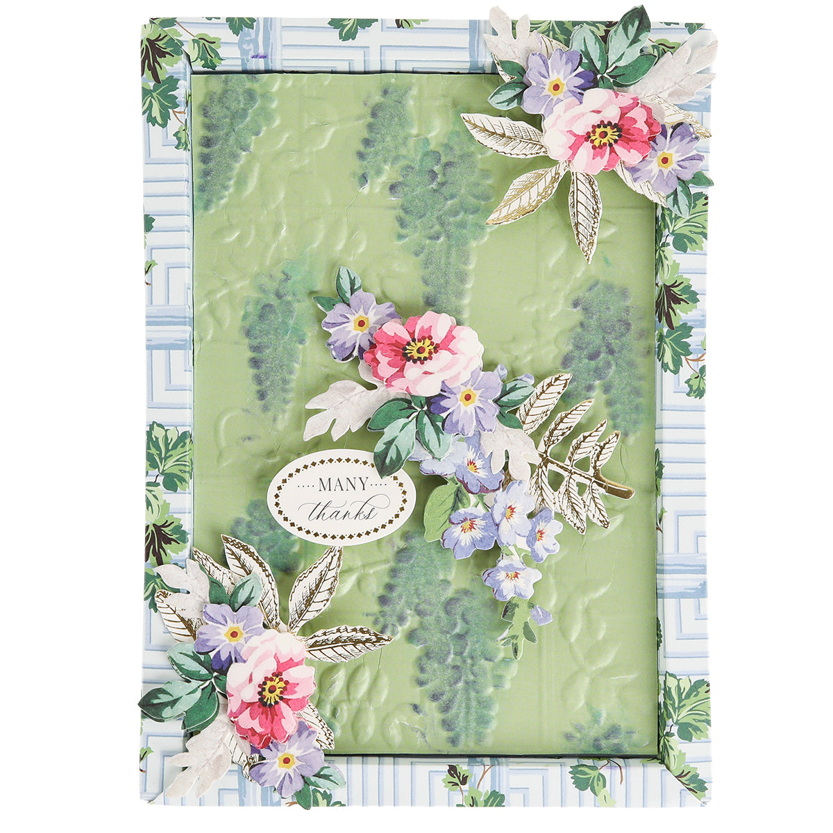 Handmade decorative card featuring a green background embossed with the Trellis and Pergola 3D Embossing Folders, adorned with floral embellishments and an oval label that reads "Many Thanks" in script. Perfect for fans of handmade cards and Anna Griffin Empress-inspired designs.