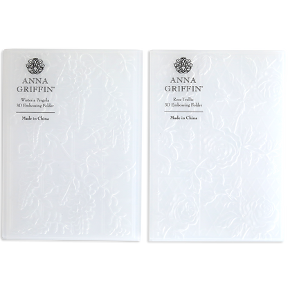 The Trellis and Pergola 3D Embossing Folders feature intricate floral patterns on translucent plastic and are made in China.