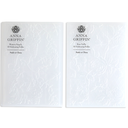 The Trellis and Pergola 3D Embossing Folders feature intricate floral patterns on translucent plastic and are made in China.